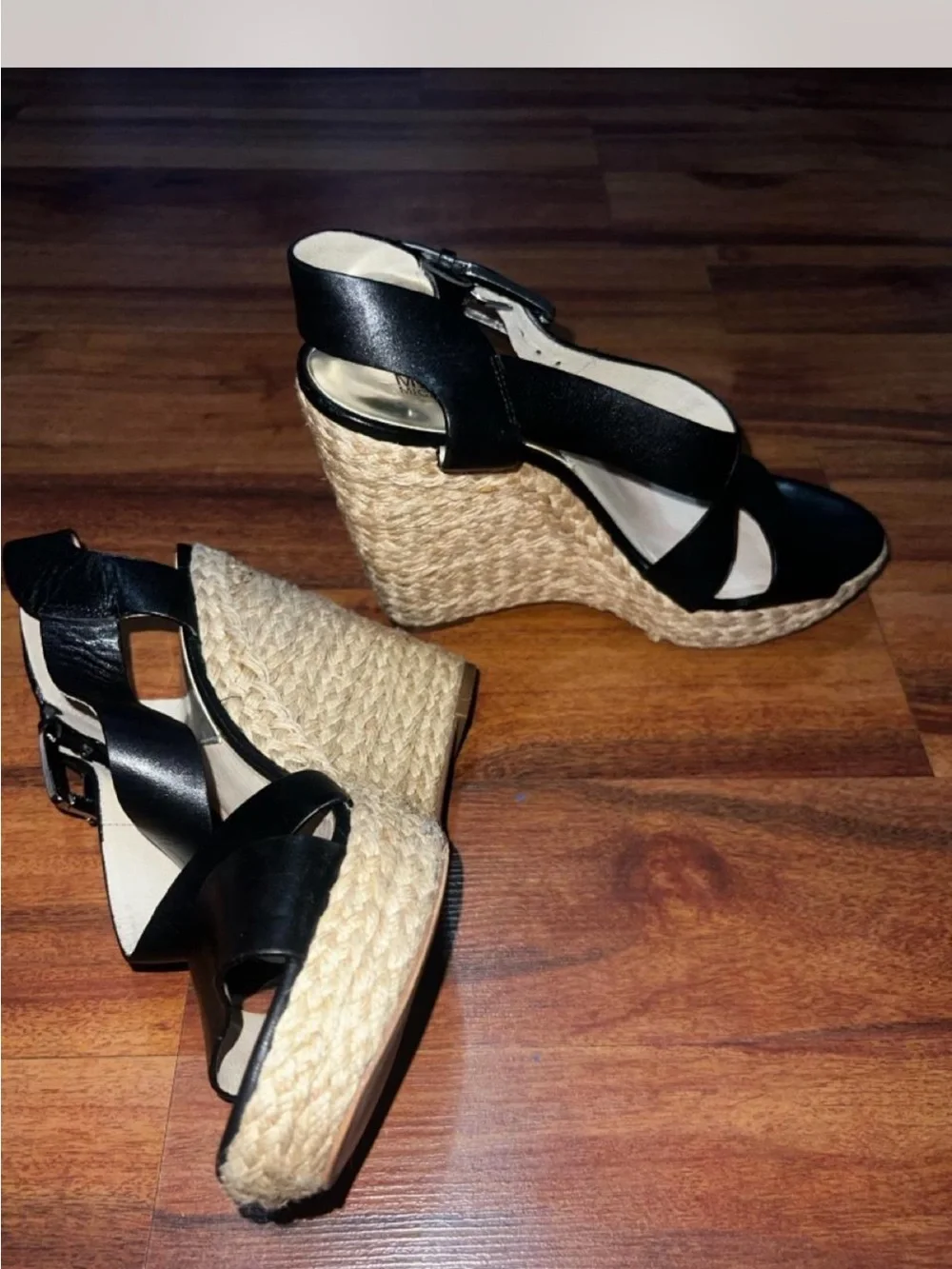 Michael Kors Black Leather Espadrille Wedge Sandals